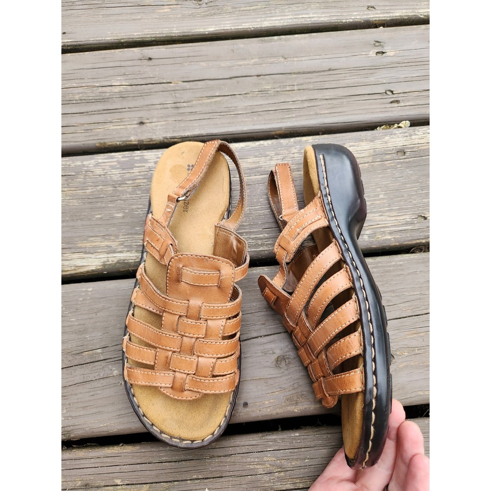 Vintage y2k Naturalizer Pompano Sandals Tan Leather Fisherman Strappy Wedge 8.5M